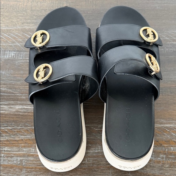 Coach Women's Gable Black Leather Slide Sandals Gold Accents Size 9 Slip On EUC - Picture 8 of 11